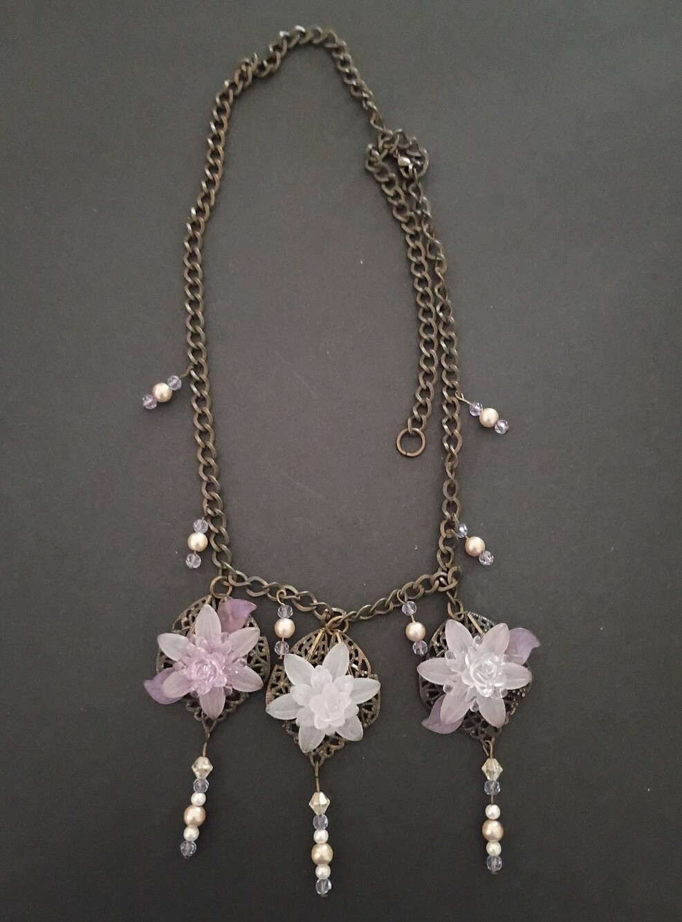 Floral Crystal Drop Necklace - Pink & White